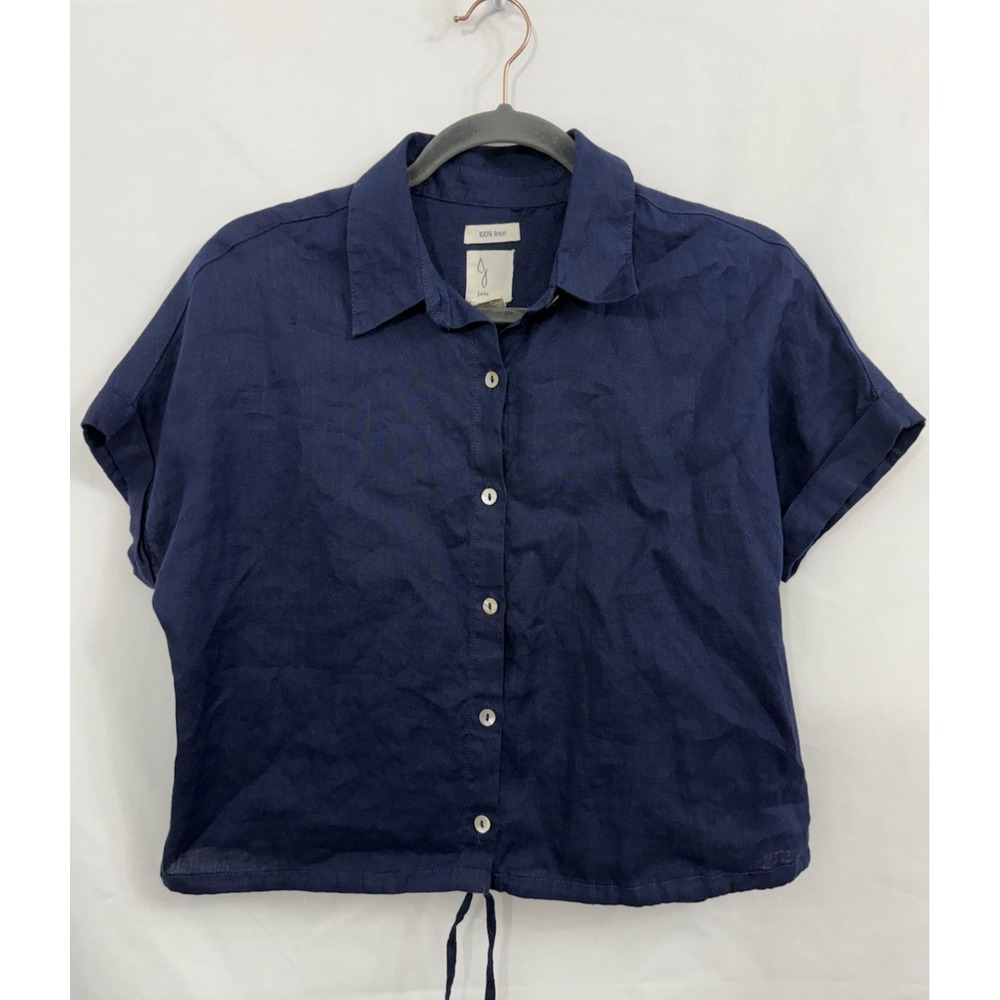 Joie 100% Linen Navy Short Sleeve Cropped Button Up Womens Size S Tie Waist